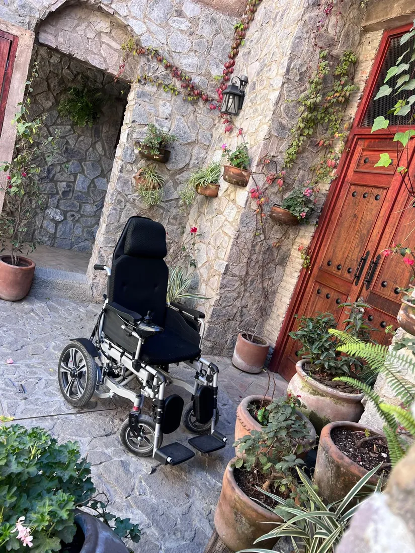 Silla eléctrica en un rincón empedrado lleno de plantas