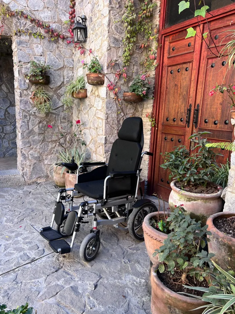 Silla eléctrica en un patio con macetas y portón de madera